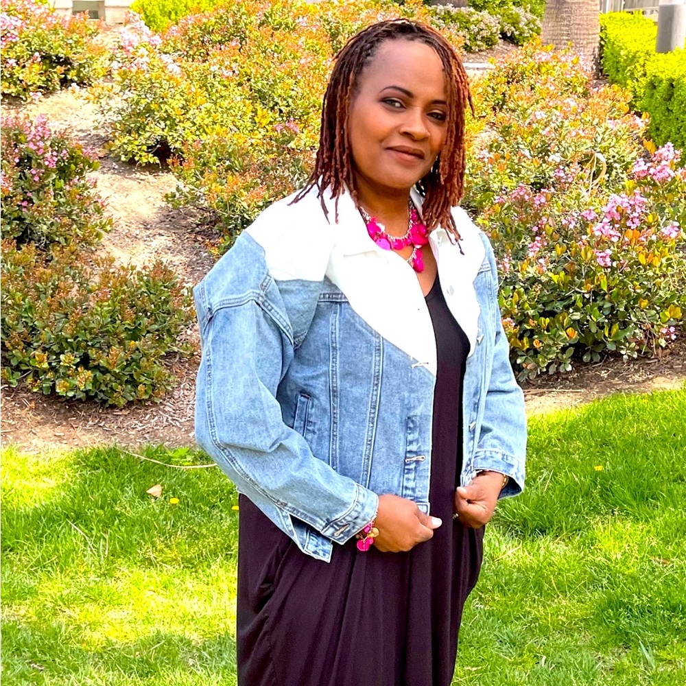 This blue and white jean jacket is available in sizes S, M and L.